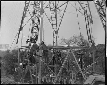 Construction work raising 12 circuit towers out of Eagle Rock Substation