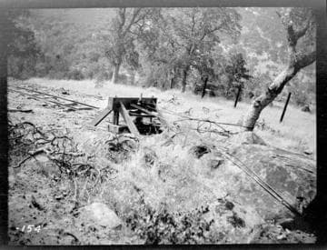A sheave on the hoist line that hauled the pipe line up the hill to Kaweah #3 Hydro Plant