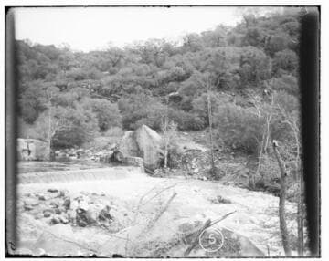 Dam at intake of Kaweah #2 Hydro Plant on Kaweah River. March 1904.  For left half of panorama. see G-
