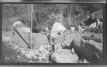 A construction crew working on the Middle Fork dam at Kaweah #3 Hydro Plant
