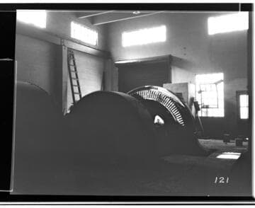 Interior of Kaweah #3 Power House showing the Westinghouse waterwheels