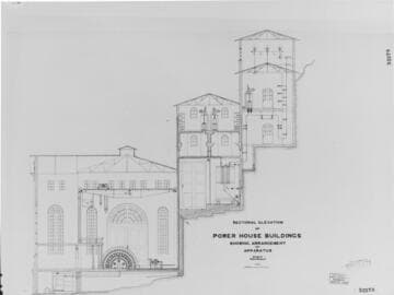 An early John Eastwood drawing showing a multi-level power house to be located at the junction of Pitman Creek and Big Creek