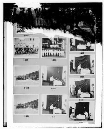 This is a multi-image negative that depicts electric appliance photos, SAR hydro, National Electric Light Association delegates, and L.B.S.P. operators. and tower repairs. Undamaged images included on the plate are copies of original negatives: 02 - 01402; 02