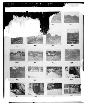 This is a multi-image negative that depicts construction on the new Santa Monica Warehouse, shots of Kern River Hydro and an interior shot of the Inglewood Substation. Undamaged images included on the plate are copies of original negatives: 02 - 00884; 02