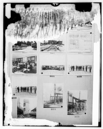 This is a multi-image negative that depicts group photos, and L.B.S.P. construction. Undamaged images included on the plate are copies of original negatives: 02 - 01999; 02