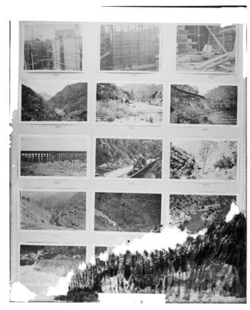 This is a multi-image negative that depicts construction at Long Beach Steam Plant, scenes on the Kings River, and Kern River Hydro shots. Undamaged images included on the plate are copies of original negatives: 02 - 00803; 02