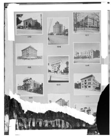 This is a multi-image negative that depicts apartment buildings. Undamaged images included on the plate are copies of original negatives: 02 - 00690; 02