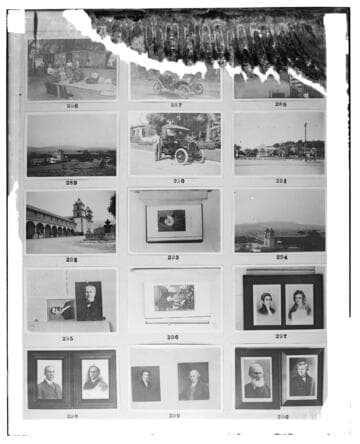 This is a multi-image negative that depicts locations in Santa Barbara and portraits of famous people in the history of electricity. Undamaged images included on the plate are copies of original negatives: 02 - 00286; 02