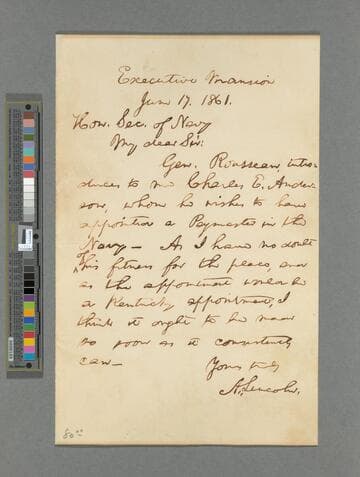 Abraham Lincoln, Washington, D.C., letter to Gideon Welles