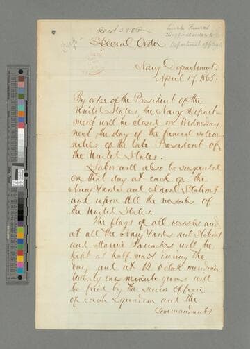 Gideon Welles, Washington, D.C., special order to Navy Department officials concerning the funeral of President Lincoln