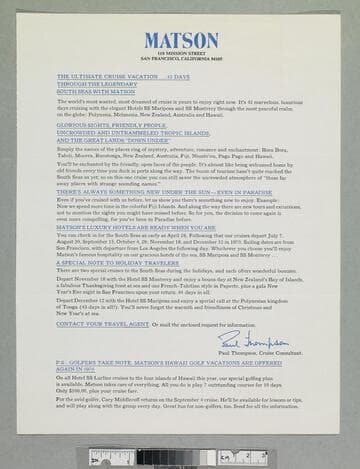 Letter advertising South Seas cruise