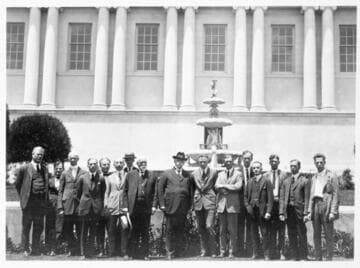 Group photo of Huntington staff with Henry E. Huntington in center, about 1921