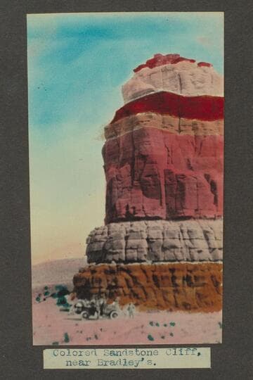 Zahn trip to San Juan placers in a Franklin car.  Colored sandstone cliff, near Bradley's