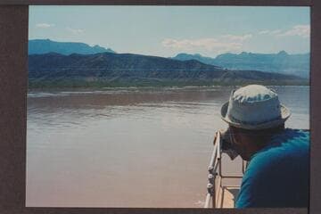 Communication plane to deck boat; Lake Mead above Gods Pocket.  Jim-Bob radios to plane