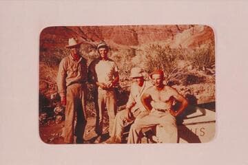 Boatmen of the Nevills San Juan party which left Mexican Hat 1948, May 19.  Left to right:  Frank Wright; George Wing; Ben Hess; and Nevills