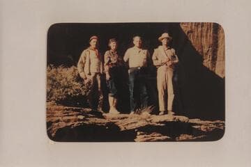 Members of the Nevills San Juan party which left Mexican Hat, 1948, May 19.  Left to right:  Paul Seel, Betty Whitney, Bill Whitney and Frank Wright