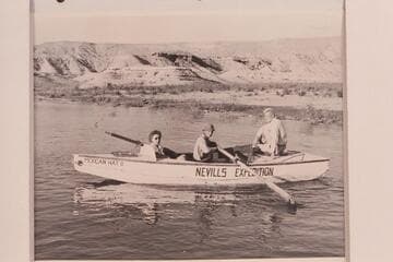 Crew of the "Mexican Hat II" at Pierces Ferry after end of Grand Canyon traverse of 1947.  Left to right:  Marie Saalfrank, Kent Frost and Joe Desloge