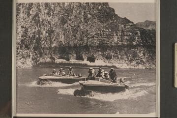 The "Rattlesnake" and the "Bootoo" cruising on upper Lake Mead.  Joe Desloge; Rod Sanderson; Argwen Bundy; and Hugh Cutler are in the "Rattlesnake."  Spence Cavalliere, Joe Eisaman, Dock Marston, and Frank Masland in the "Bootoo."
