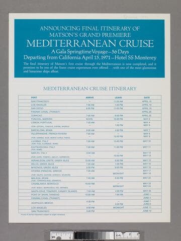 Announcing final itinerary of Matson's grand premiere Mediterranean cruise