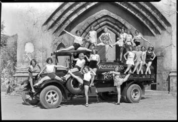 Young women and Richfield Oil truck at RKO pictures. 1929