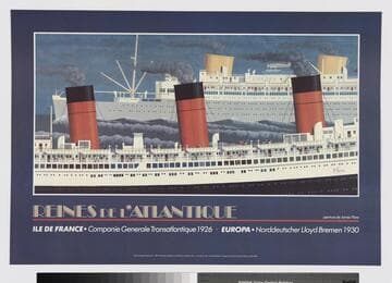 Reines de l'Atlantique peinture de James Flora : ILE DE FRANCE, Compagnie Generale Transatlantique 1926,  EUROPA, Norddeutscher Lloyd Bremen 1930