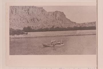 LaRue-Richardson-Wimmer Glen Canyon trip.  The boat is that left by Sharp at Hite in 1909 and one of the Galloway-Stone design.  The photo was made from the left bank opposite Tickaboo