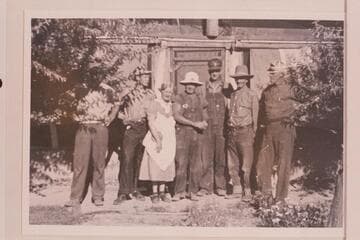 The Dave Rust Glen Canyon party with the Chaffins.  Hite.  Nelson Rust; Harold Hartshorne; Mr. and Mrs. Art Chaffin; the Gifford brothers; Dave Rust