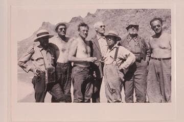 Charles Kelly; Frank Swain; George Stone; William Chryst; A. L. Inglesby; Julius Stone; Russell Frazier.  Lees Ferry following Glen Canyon traverse of 1938, Sep.-Oct