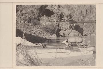 The "Esmeralda II" moored at the beach above Bright Angel Creek.  The small floats aft were for emergency