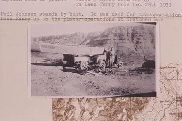 Outboard motorboat "Mallard" on the way to Lees Ferry.  Taken 5 miles from Marble on Lees Ferry road.  Neil Johnson stands by boat.  It was used for transportation from Lees Ferry up to the placer operations at Gretchen Bar