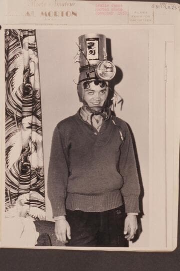 Leslie Jones [photo reverse:  Les Jones, Salt Lake river runner with contraption he devised to operate his movie camera while he was busy running the boat]