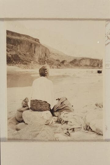 Margaret Marston at camp at mouth of Spring Canyon [photo reverse:  Travertine]