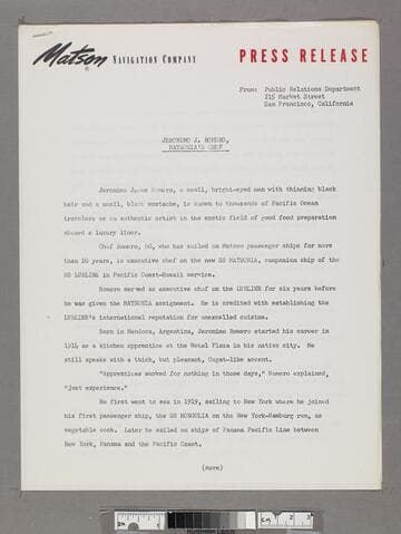 Jeronimo J. Romero, Matsonia's Chef