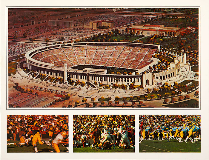 Front cover of a brochure produced by the Los Angeles Memorial Coliseum Commission in the 1970s, featuring a proposed renovation of the Coliseum with luxury suites along the rim of the stadium. According to the brochure, fans in the suites would watch the Rams, USC Trojans, and UCLA Bruins in “comfortable, relaxed surroundings.” The Huntington Library, Art Collections, and Botanical Gardens.
