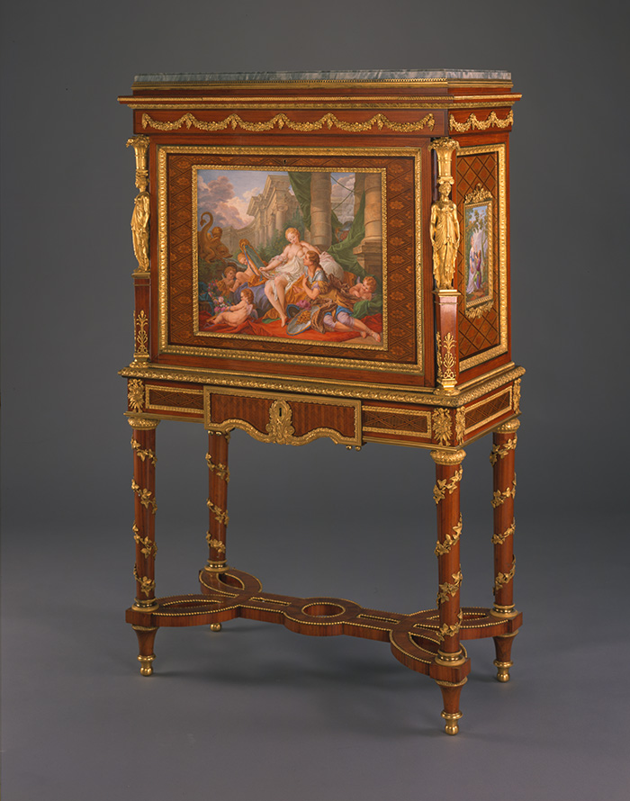 Bernard Molitor, Fall-front Secretary, ca. 1812–1816, with plaques produced by Sèvres Porcelain Manufactory and painted by Charles Nicolas Dodin, dating from between the 1770s to early 1780s. You can view it on the second floor of the Huntington Art Gallery, in the same room as the Sèvres vases (see above). Arabella D. Huntington Memorial Art Collection, The Huntington Library, Art Collections, and Botanical Gardens.